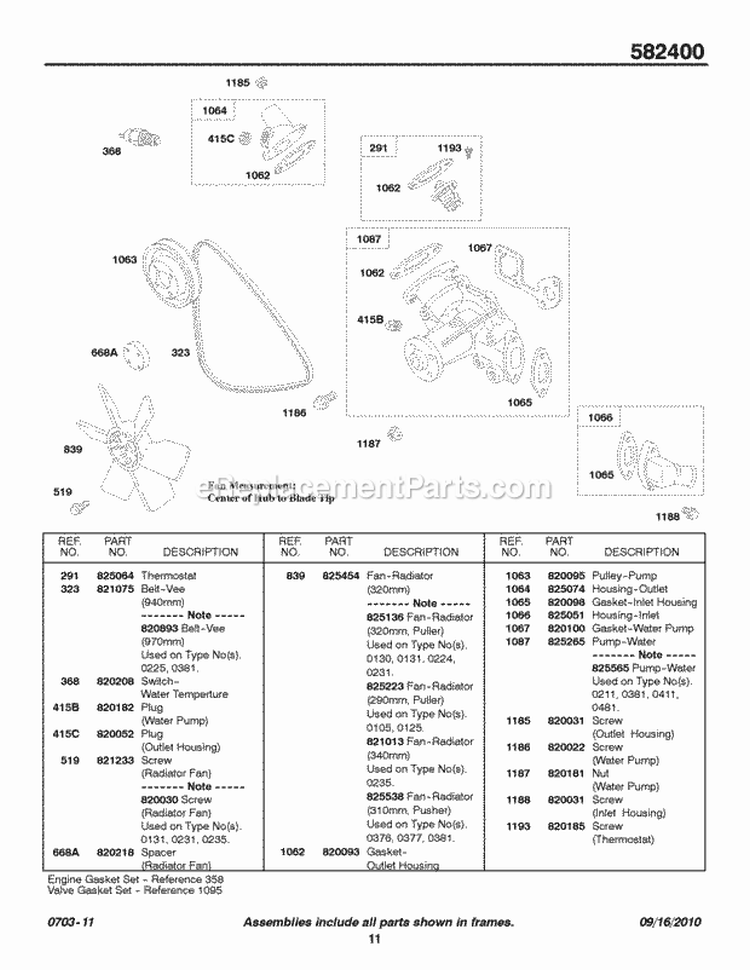 Water Pump Fan Diagram and Parts List for 582447-0476-E2  Briggs and Stratton Engine